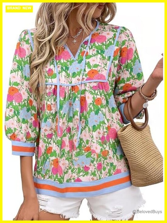 Tops - Floral Print Babydoll Blouse V Neck 3/4 Sleeve Peplum Top Casual Loose Fit Boho
